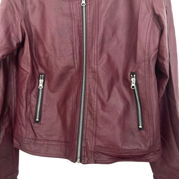 Me Jane Womens Burgundy Faux Leather Moto Jacket Size L Zip Pockets - Picture 12 of 12